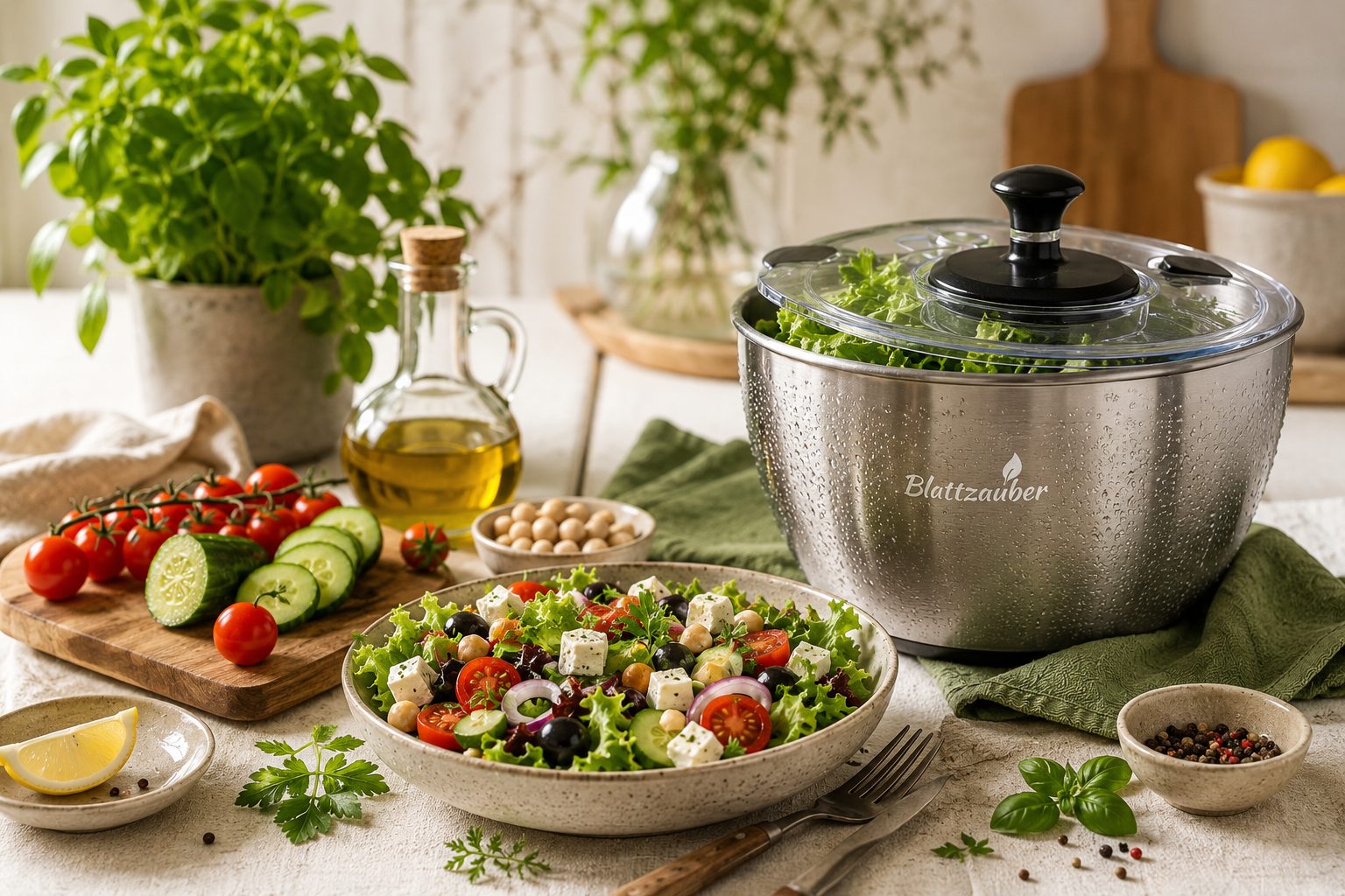 Blattzauber Salatschleuder aus Edelstahl mit frischem Salat, umgeben von Tomaten, Kräutern und Olivenöl